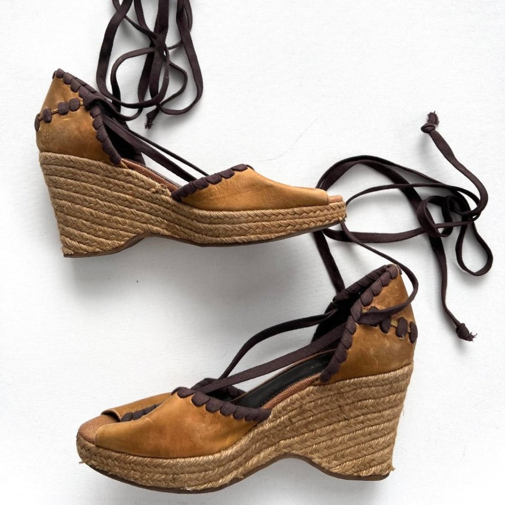 Nine West Chalaer Leather Wedge Peep Toe Leg Wrap Sandals ( 8.5 )